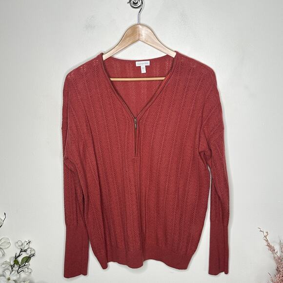 GARNET HILL 100% Cashmere Half Zip Pointelle Sweater Washed Brick Red Sz L {Q12} - Picture 2 of 6